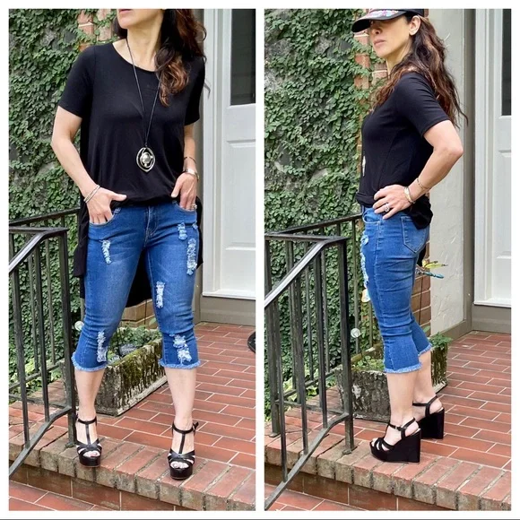 Boho Retro chic mid rise Capri  distressed frayed jeans - Picture 2 of 3